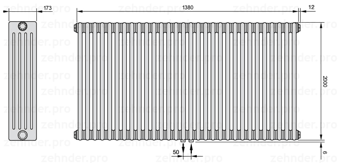 Схема (чертеж) Радиатор Zehnder Charleston 5200/30 №5410 Белый глянцевый RAL 9016